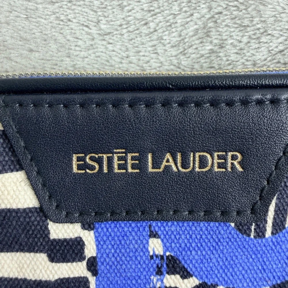 Estee Lauder Cosmetic Bag Blue White‎ Black Canvas Abstract Swirl Makeup Pouch